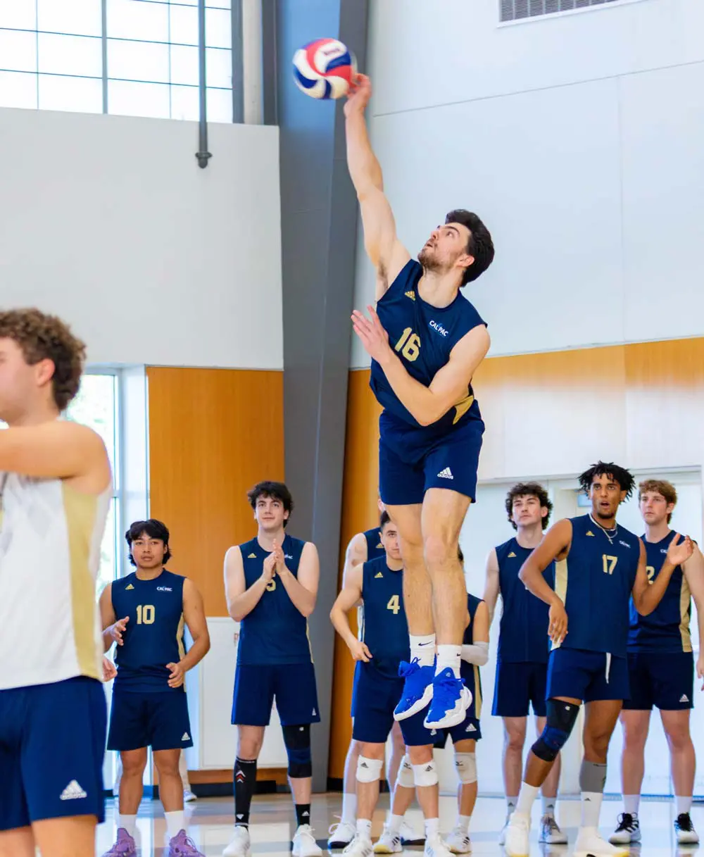 Volleyball player jumping up for spike